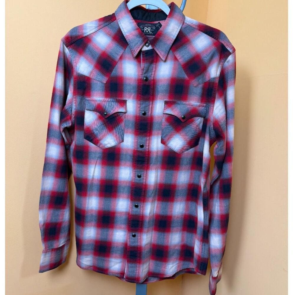 RRL Ralph Lauren Men Plaid Cotton Flannel Western Shirt Pearl Snap Red Black M